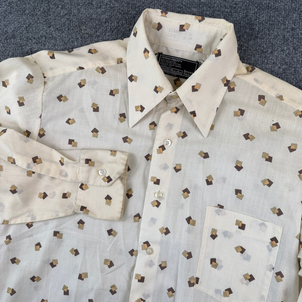 VTG 70s Sears Shirt Mens L Beige Geometric Dagger Disco Mid Century Button Up